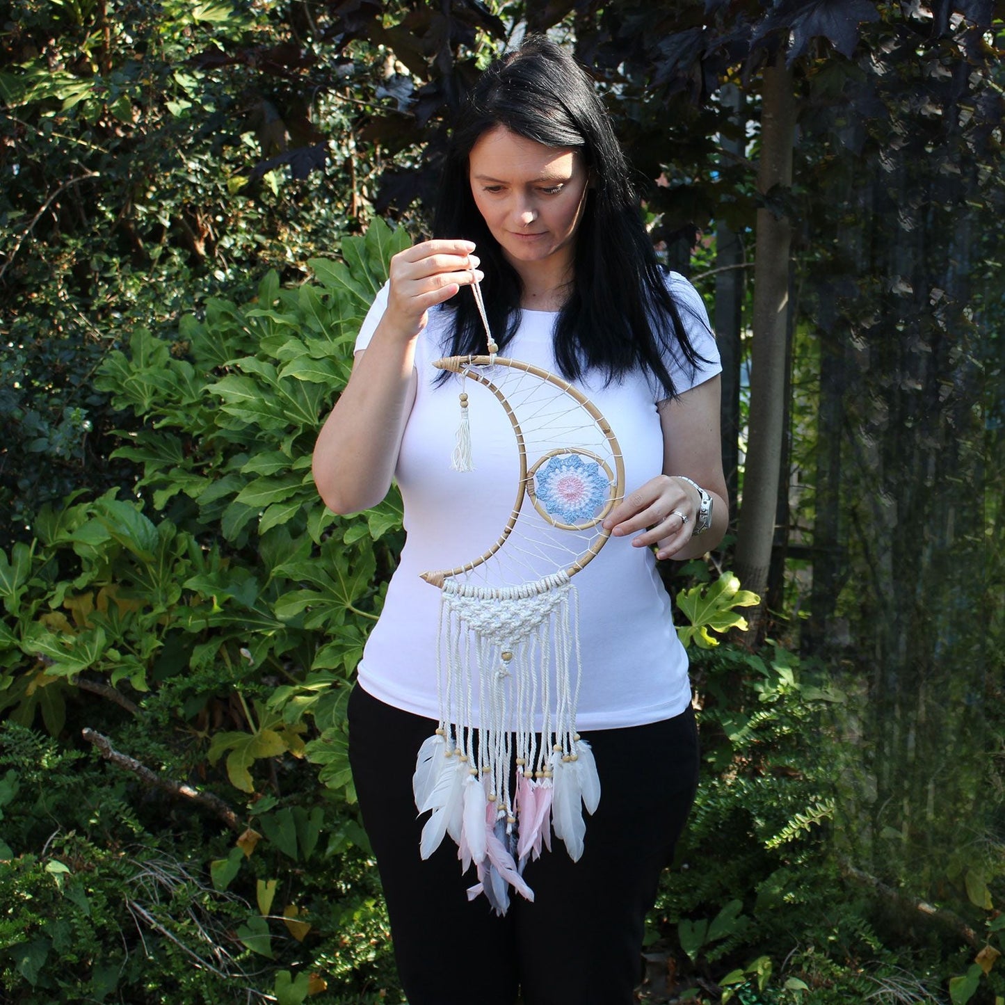 Polished Protection Dream Catcher Macrame Moon featuring natural patterning and unique variations - Positive Faith Hope Love