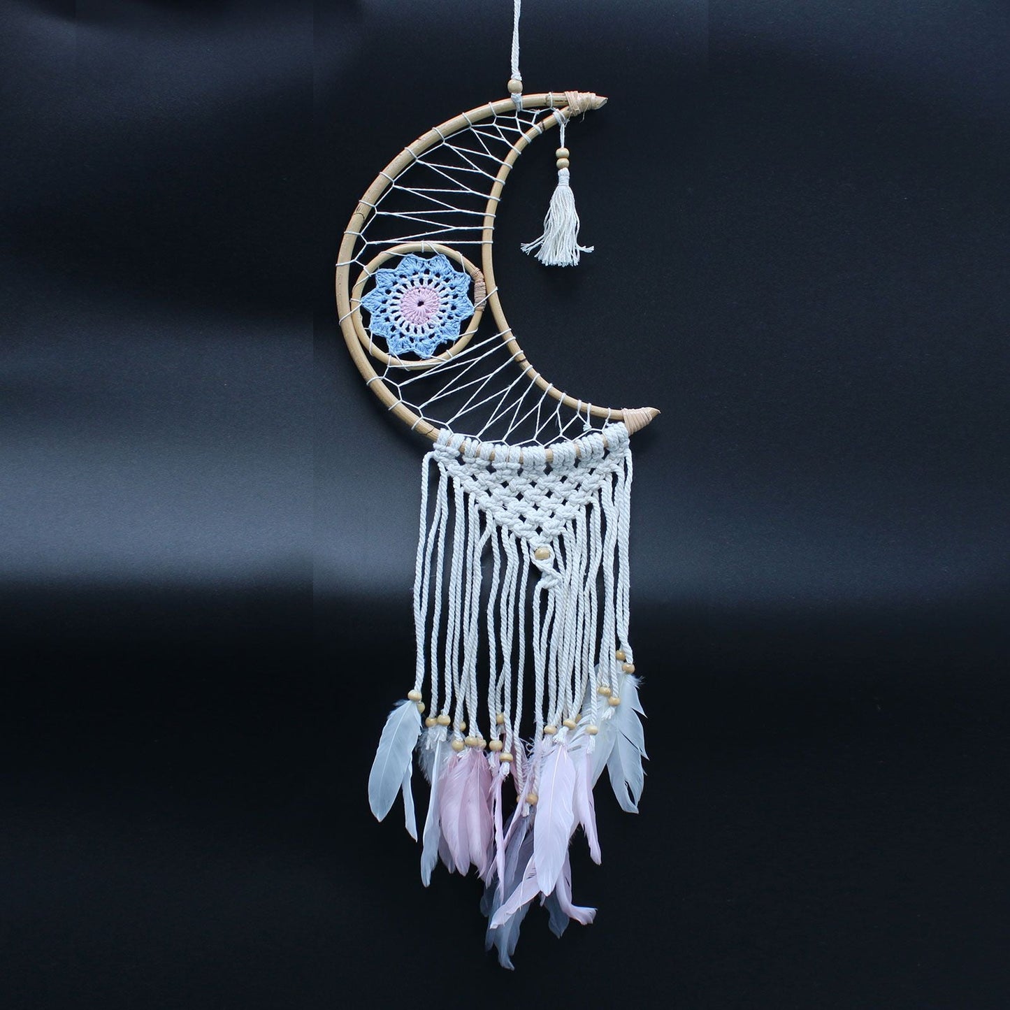 Polished Protection Dream Catcher Macrame Moon featuring natural patterning and unique variations - Positive Faith Hope Love