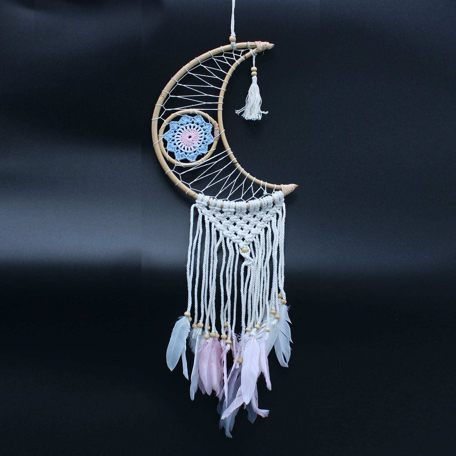 Polished Protection Dream Catcher Macrame Moon featuring natural patterning and unique variations - Positive Faith Hope Love