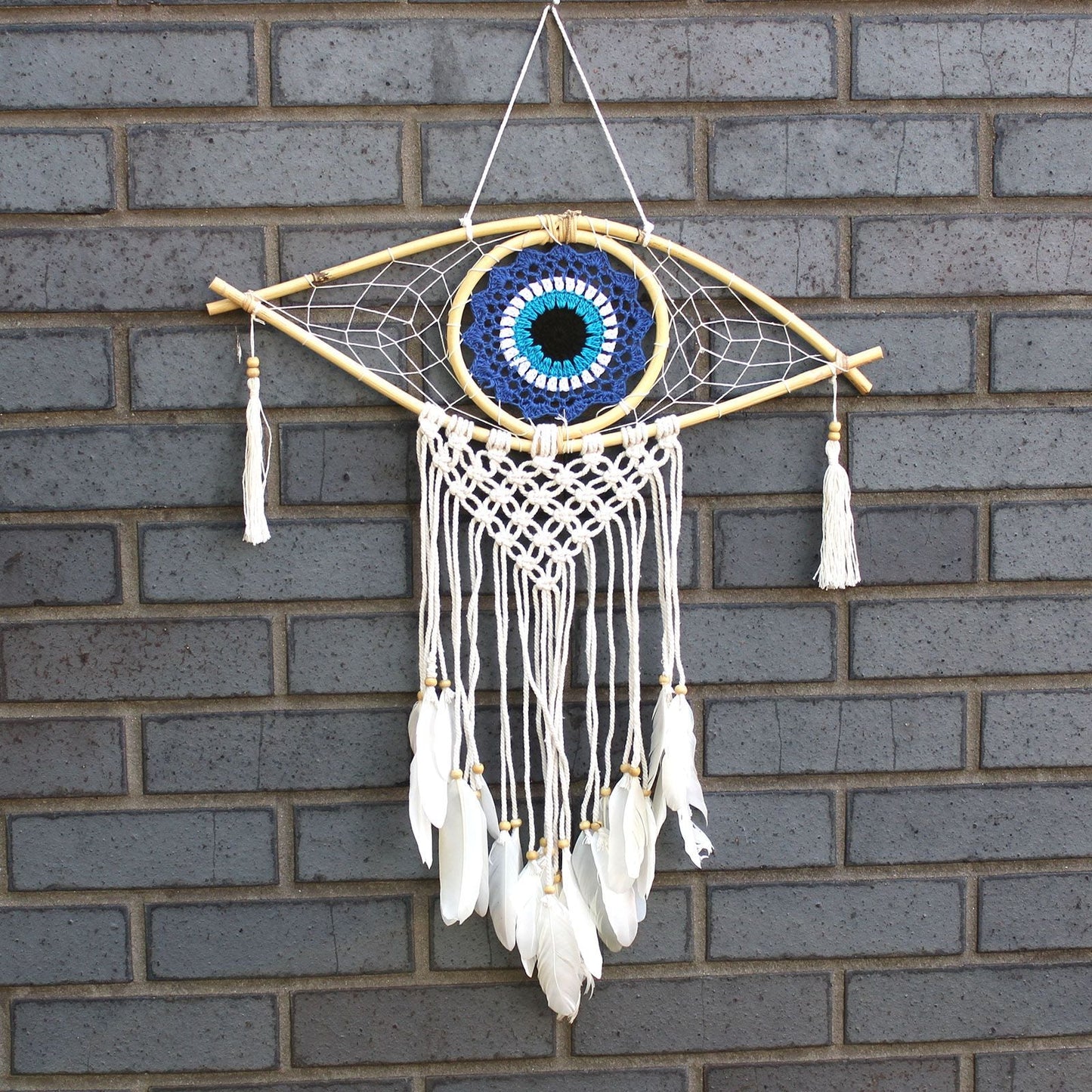 Polished Protection Dream Catcher Med Macrame Evil Eye Bluewhiteblack featuring natural patterning and unique variations - Positive Faith Hope Love