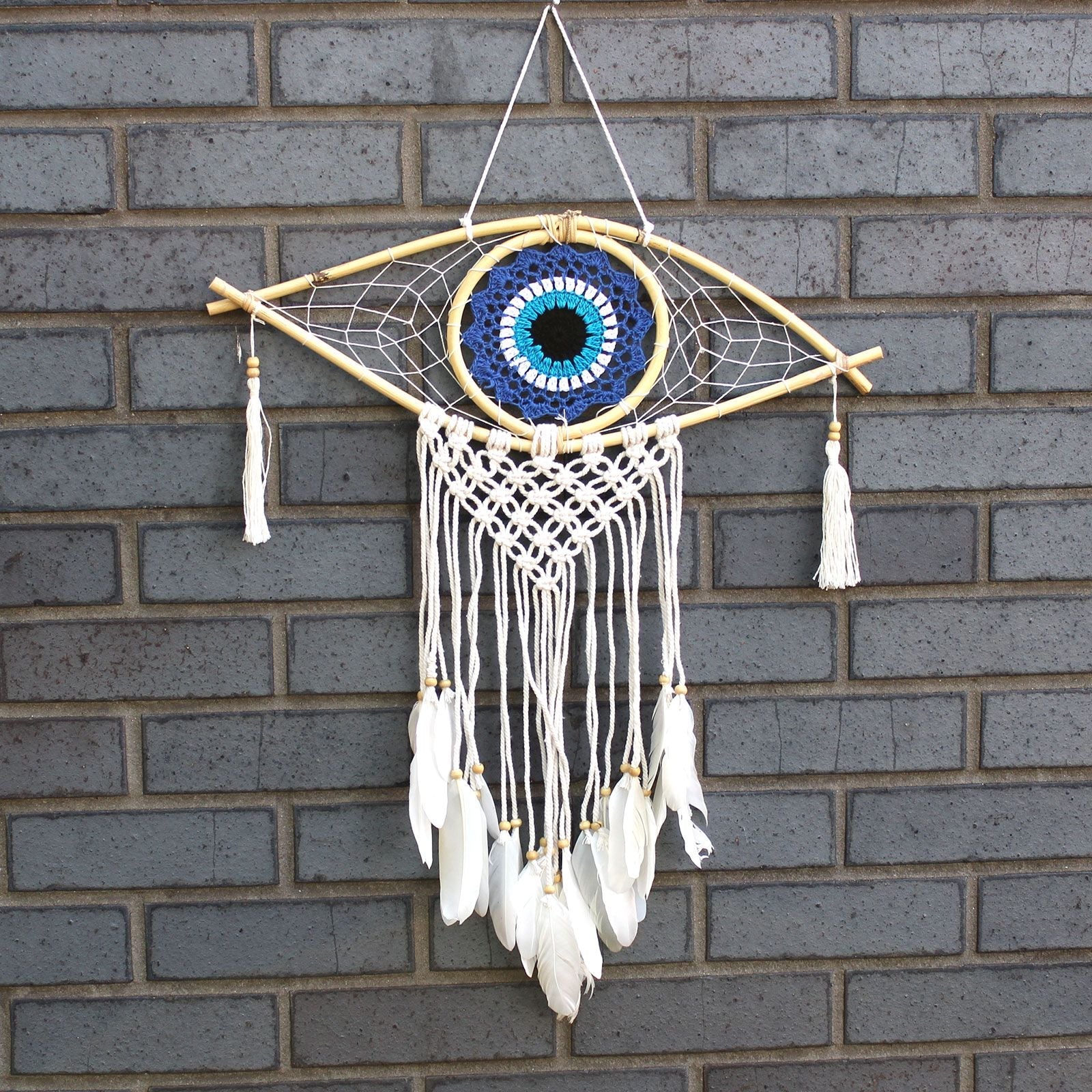 Polished Protection Dream Catcher Med Macrame Evil Eye Bluewhiteblack featuring natural patterning and unique variations - Positive Faith Hope Love