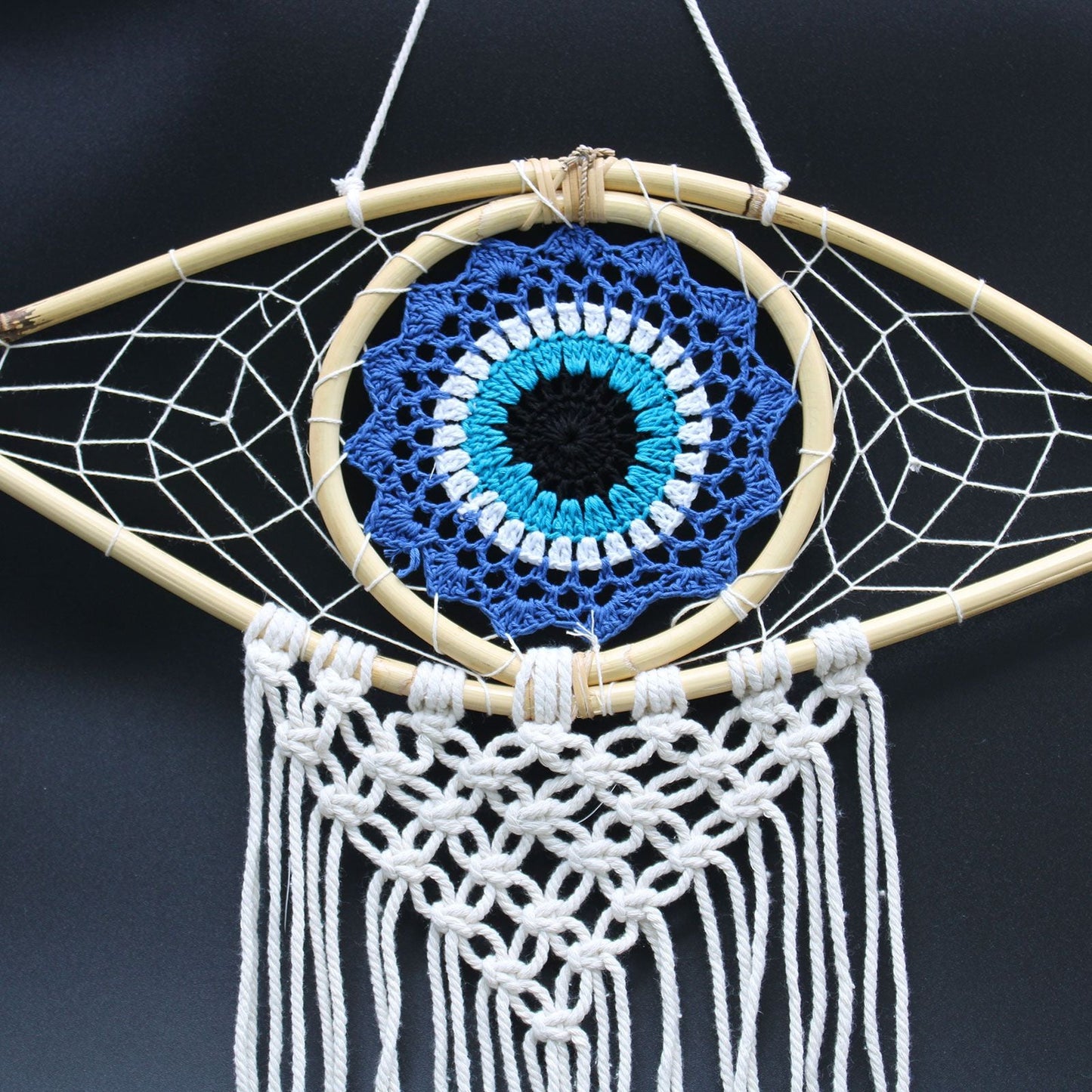 Polished Protection Dream Catcher - Med Macrame Evil Eye Blue/White/Black featuring natural patterning and unique variations - Positive Faith Hope Love
