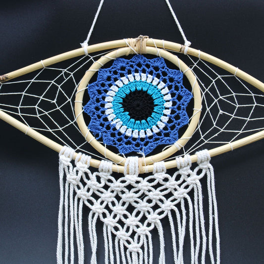 Polished Protection Dream Catcher - Med Macrame Evil Eye Blue/White/Black featuring natural patterning and unique variations - Positive Faith Hope Love