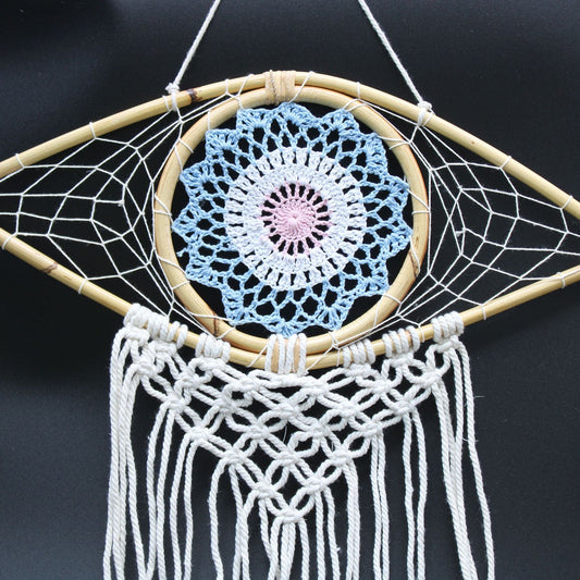 Polished Protection Dream Catcher - Med Macrame Evil Eye Blue/White/Pink featuring natural patterning and unique variations - Positive Faith Hope Love