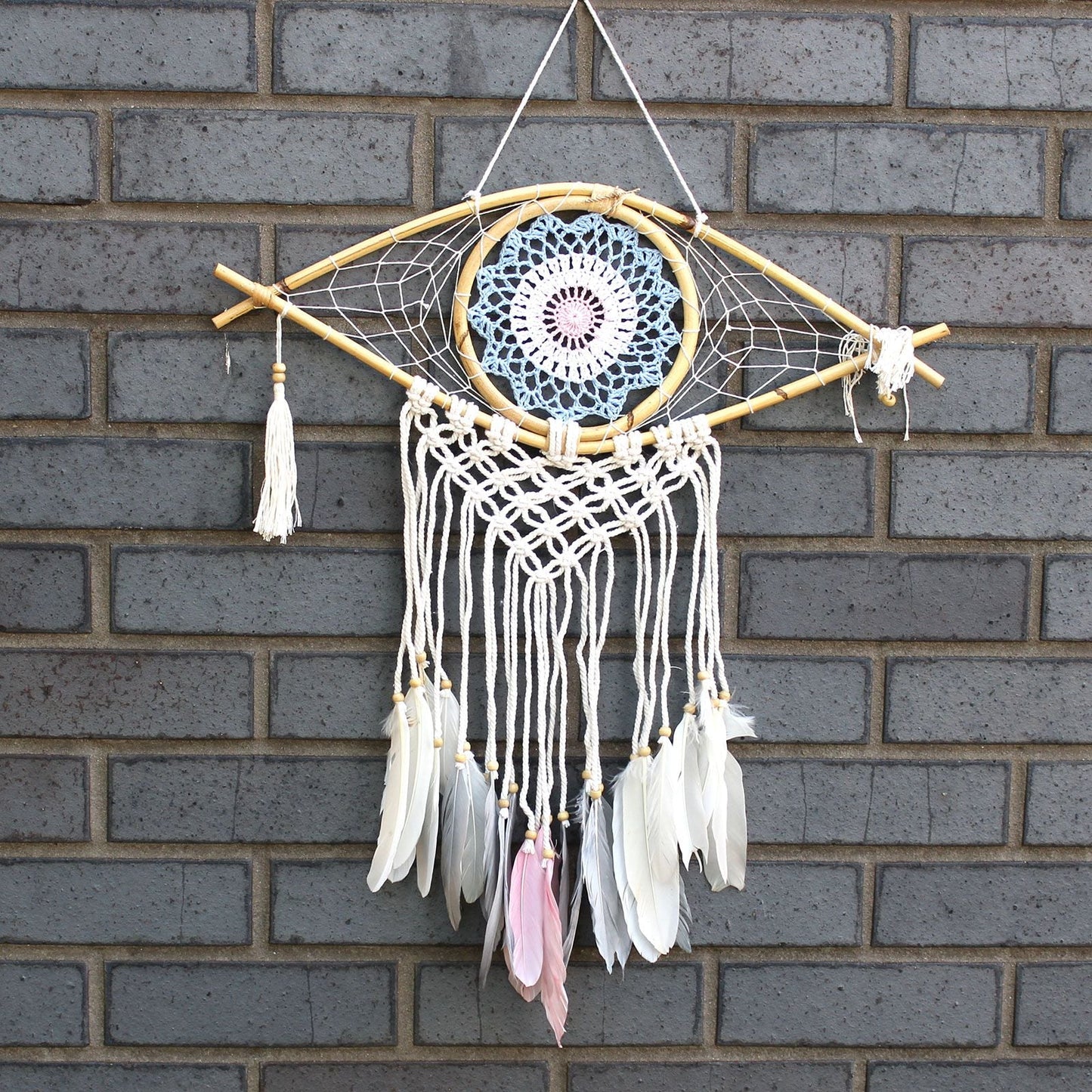 Polished Protection Dream Catcher Med Macrame Evil Eye Bluewhitepink featuring natural patterning and unique variations - Positive Faith Hope Love