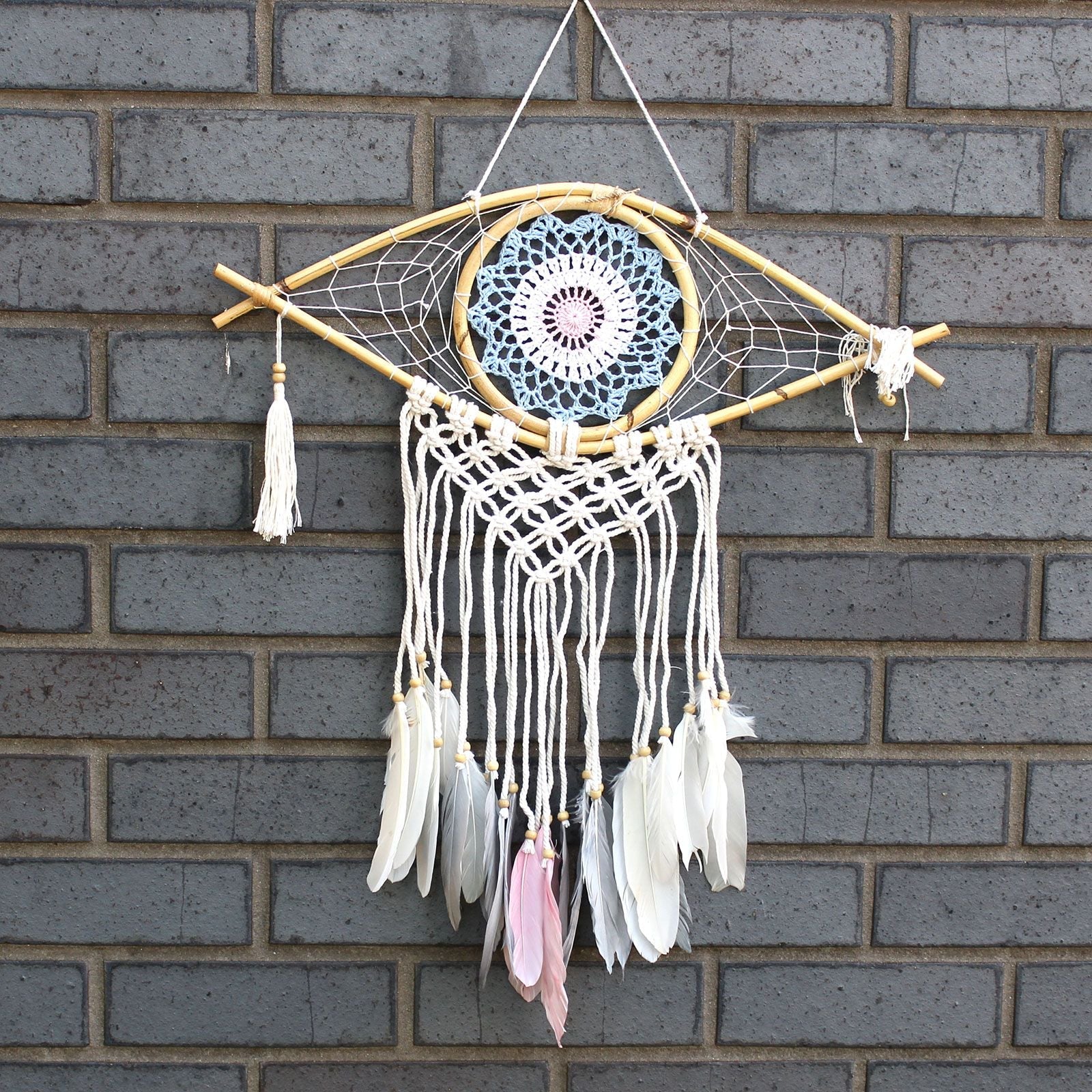 Polished Protection Dream Catcher Med Macrame Evil Eye Bluewhitepink featuring natural patterning and unique variations - Positive Faith Hope Love