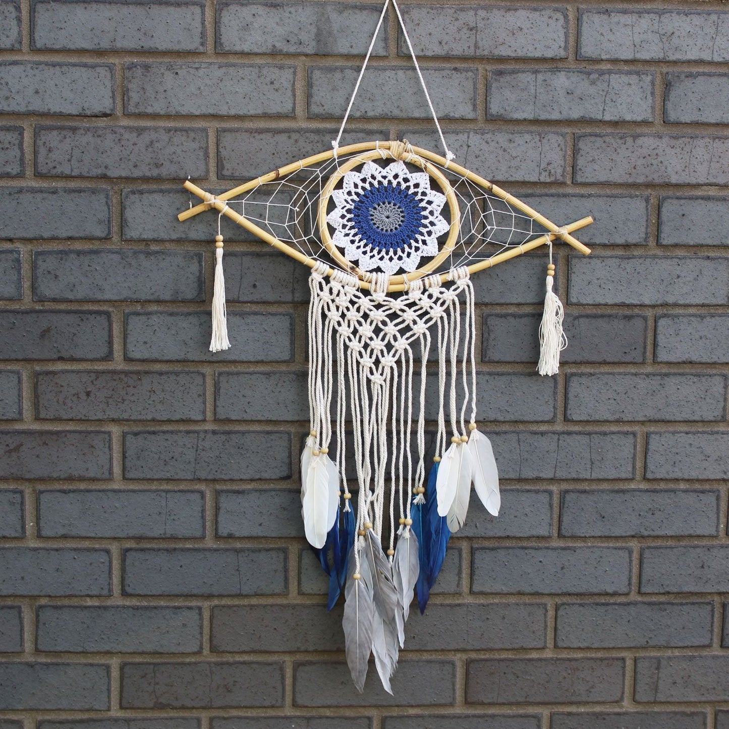 Polished Protection Dream Catcher Med Macrame Evil Eye White Bluegrey featuring natural patterning and unique variations - Positive Faith Hope Love