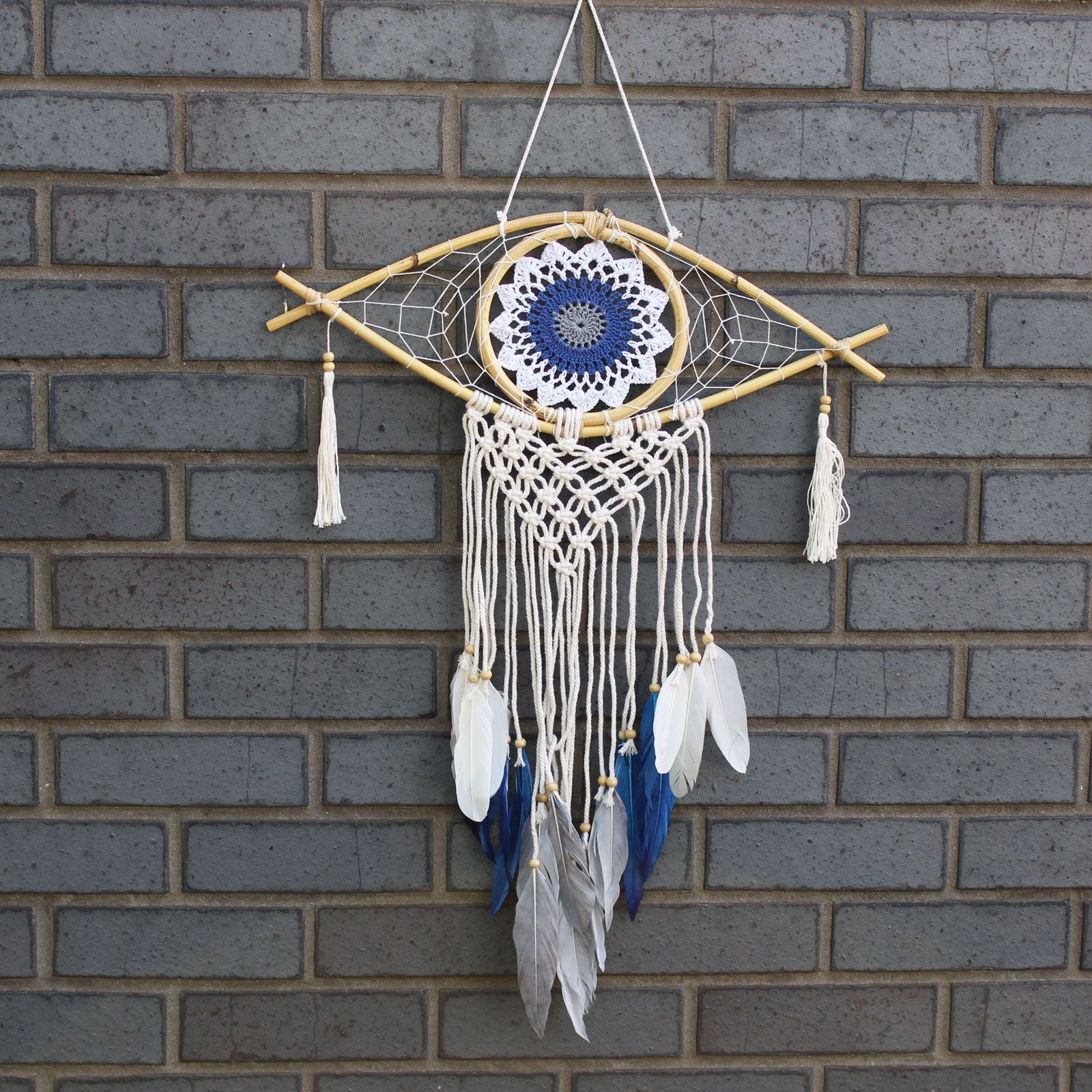 Polished Protection Dream Catcher Med Macrame Evil Eye White Bluegrey featuring natural patterning and unique variations - Positive Faith Hope Love