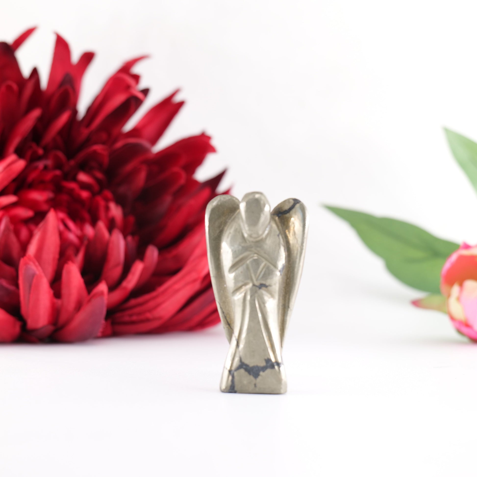 Polished Pyrite Angel 55mm featuring metallic gold lustre and cubic sparkle - Positive Faith Hope Love