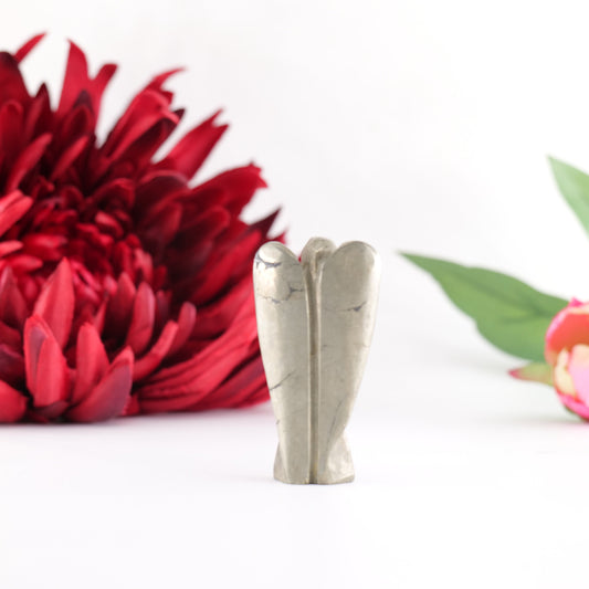 Polished Pyrite Angel 50Mm featuring metallic gold lustre and cubic sparkle - Positive Faith Hope Love