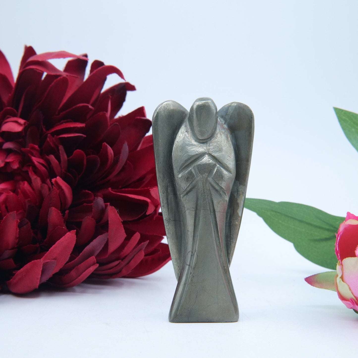 Polished Pyrite Angel 80Mm featuring metallic gold lustre and cubic sparkle - Positive Faith Hope Love