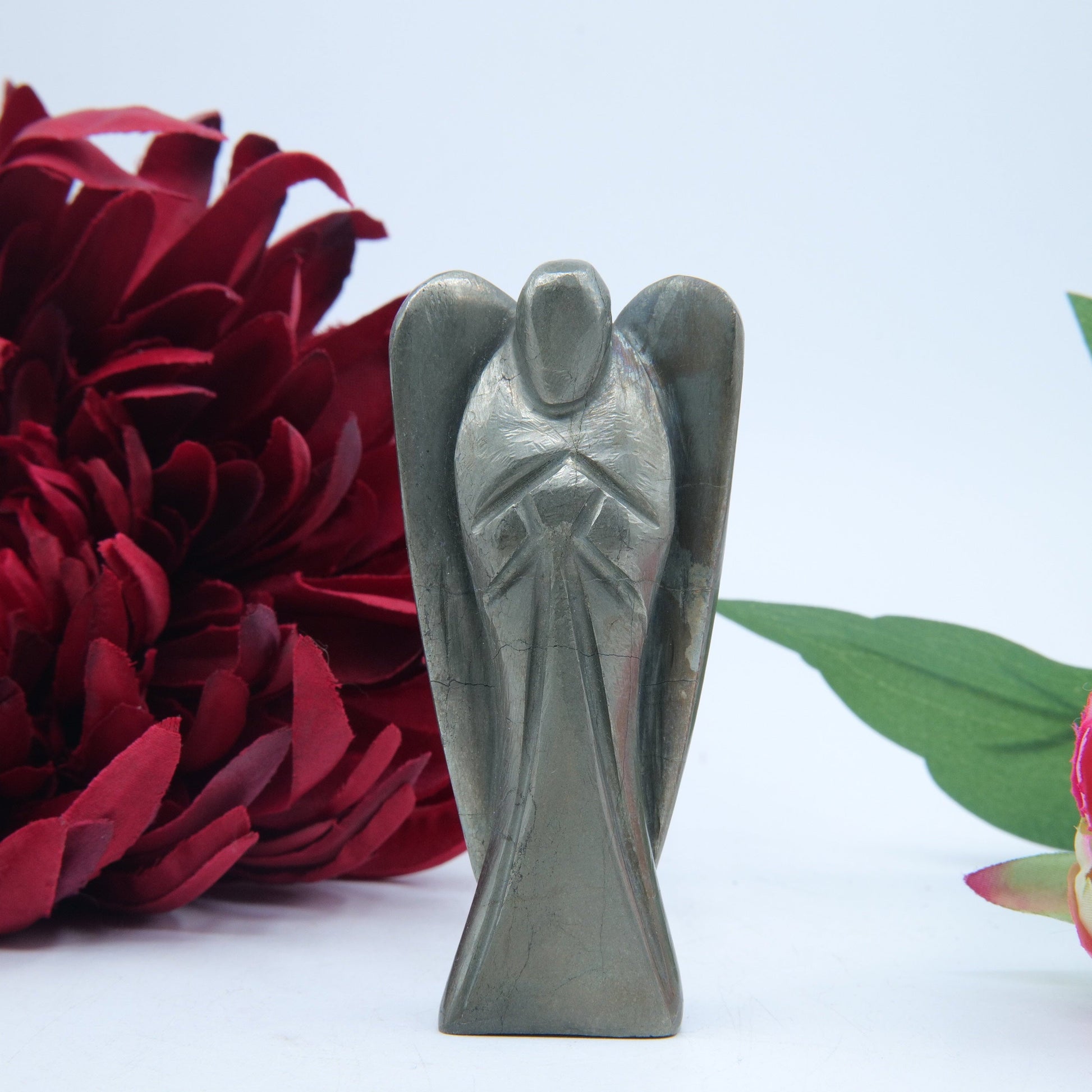 Polished Pyrite Angel 80mm featuring metallic gold lustre and cubic sparkle - Positive Faith Hope Love