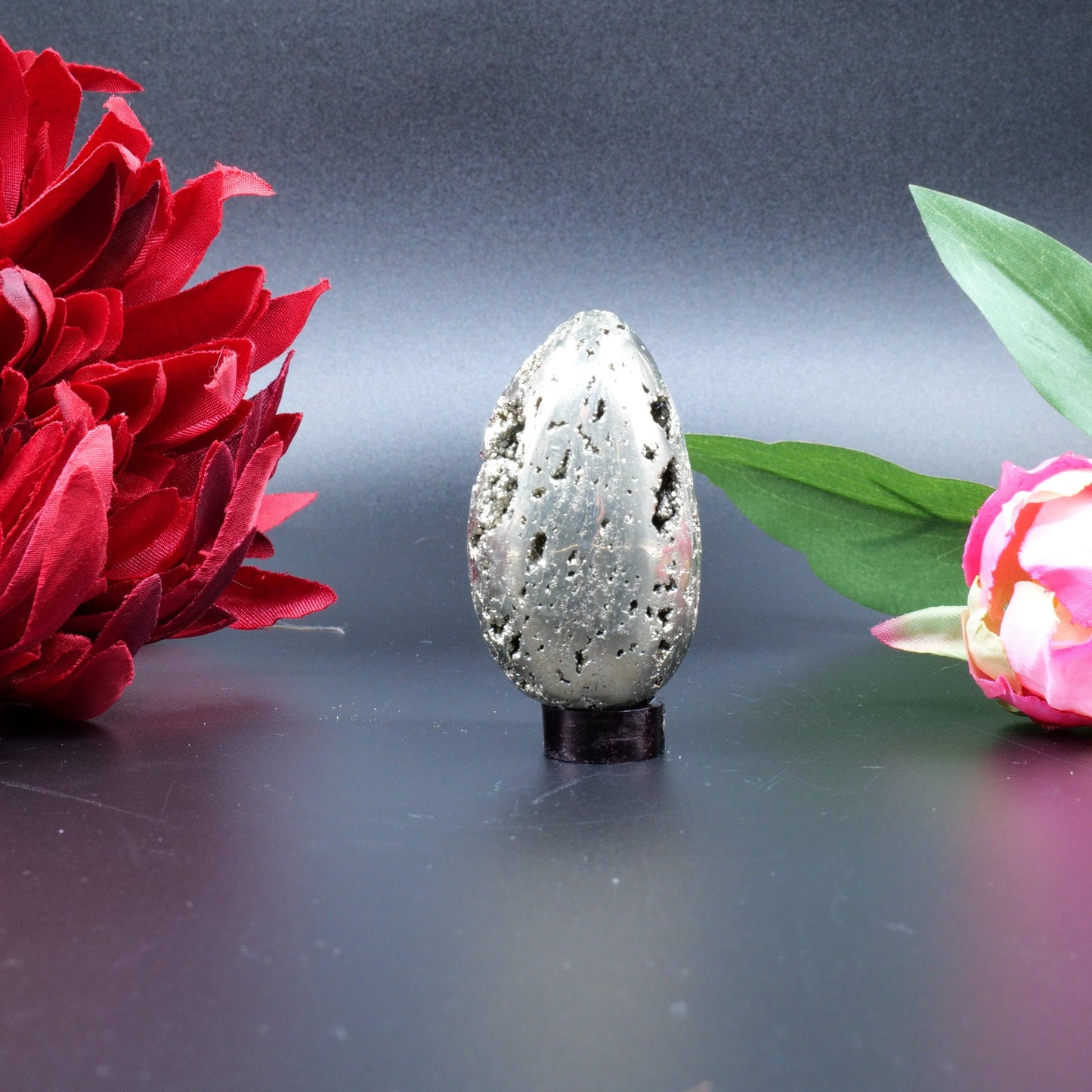 Polished Pyrite Egg 110G 55X30Mm featuring metallic gold lustre and cubic sparkle - Positive Faith Hope Love