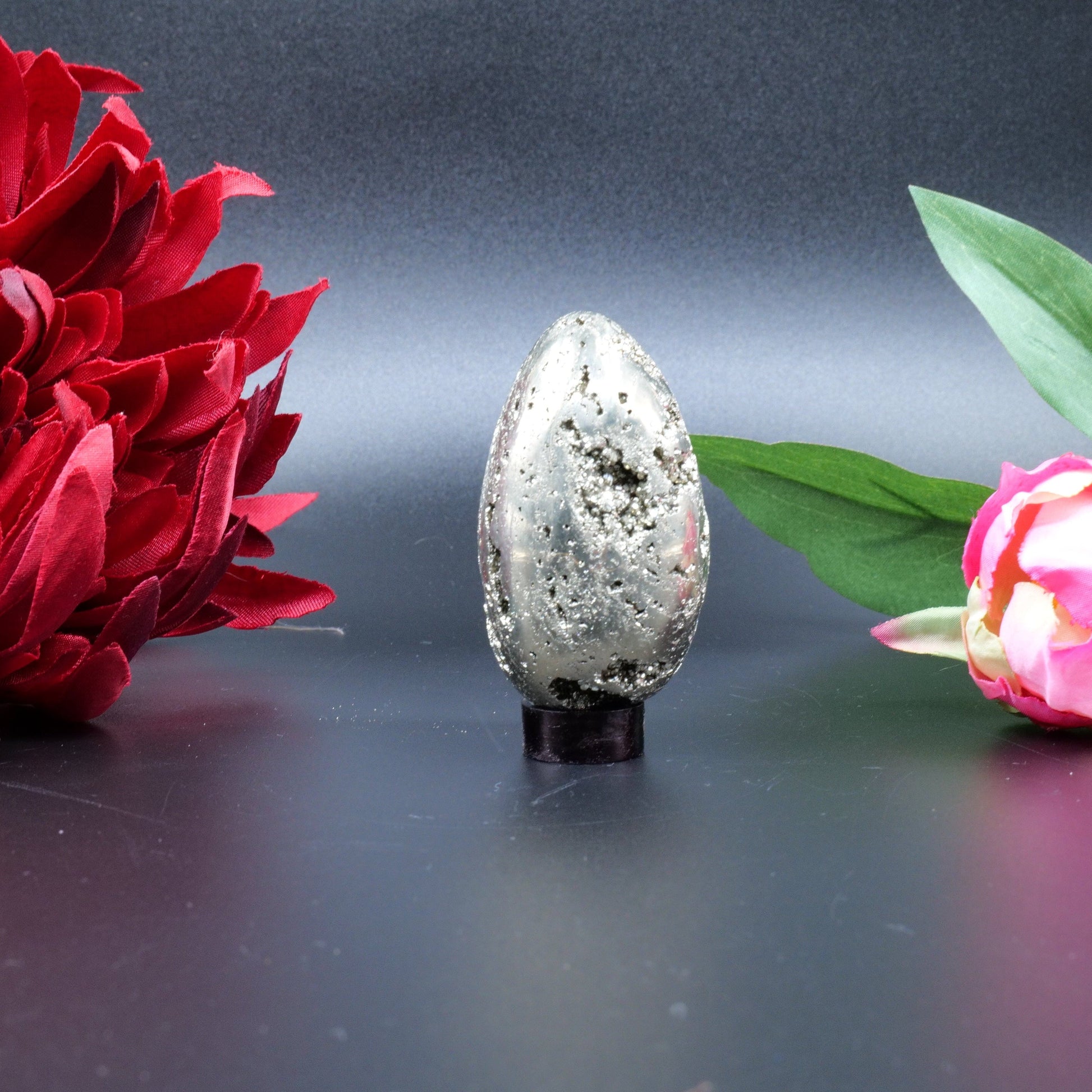 Polished Pyrite Egg 110G 55X30Mm featuring metallic gold lustre and cubic sparkle - Positive Faith Hope Love