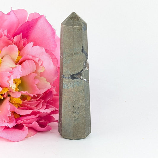Polished Pyrite Tower 111G 85Mm featuring metallic gold lustre and cubic sparkle - Positive Faith Hope Love