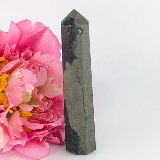 Polished Pyrite Tower 112G 97Mm featuring metallic gold lustre and cubic sparkle - Positive Faith Hope Love