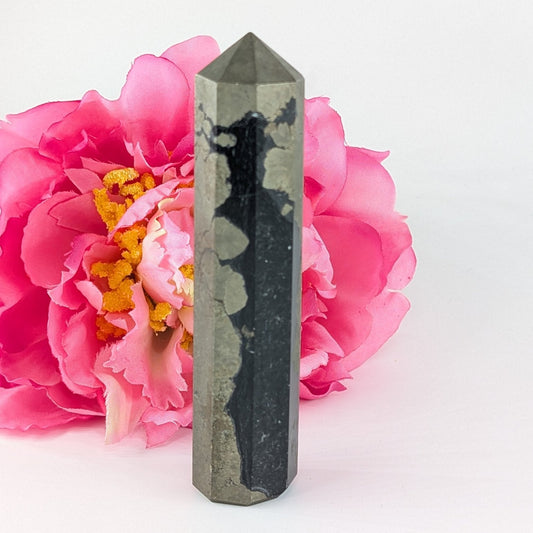 Polished Pyrite Tower 131G featuring metallic gold lustre and cubic sparkle - Positive Faith Hope Love