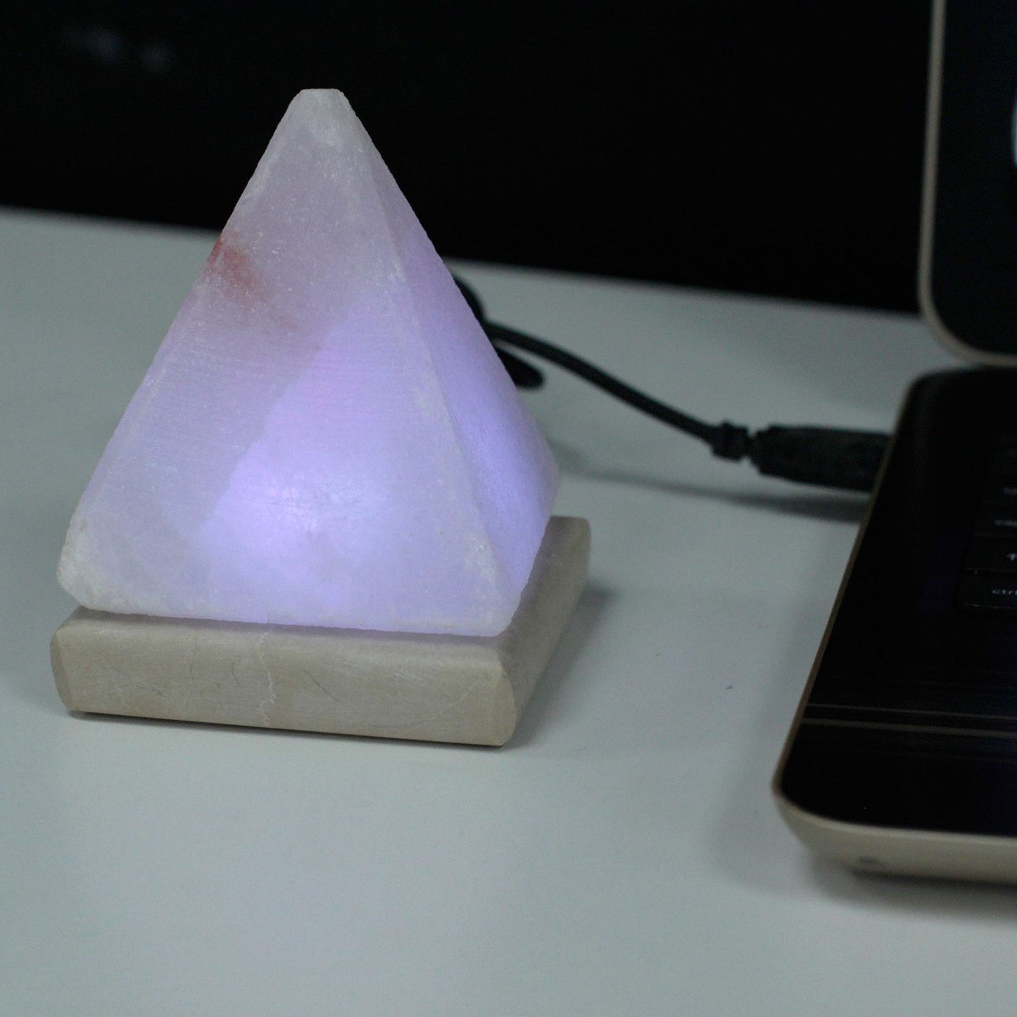 Polished Quality USB Pyramid WHITE Salt Lamp - 9 cm (multi) featuring natural patterning and unique variations - Positive Faith Hope Love