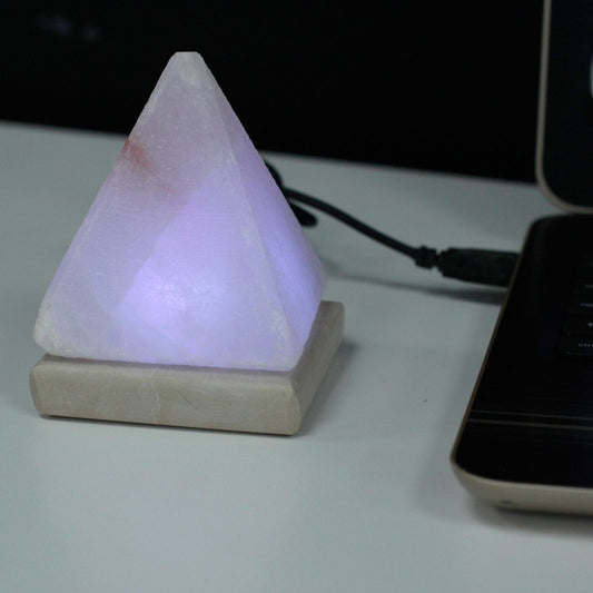 Polished Quality USB Pyramid WHITE Salt Lamp - 9 cm (multi) featuring natural patterning and unique variations - Positive Faith Hope Love