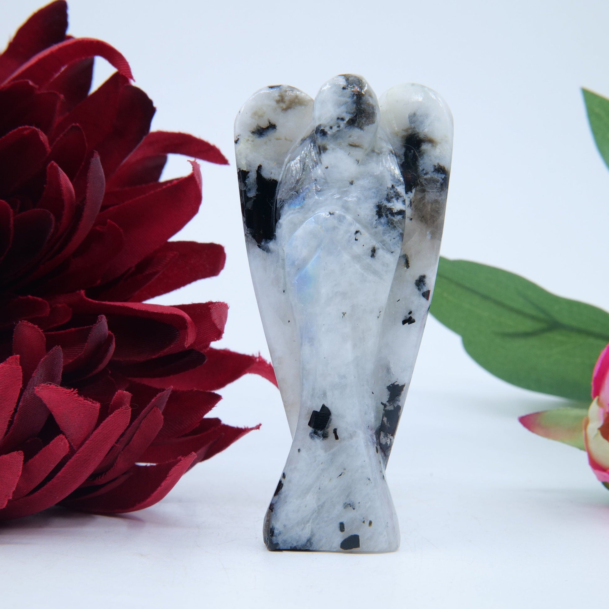 Polished Rainbow Moonstone Angel 80Mm featuring pearly adularescence and soft sheen - Positive Faith Hope Love