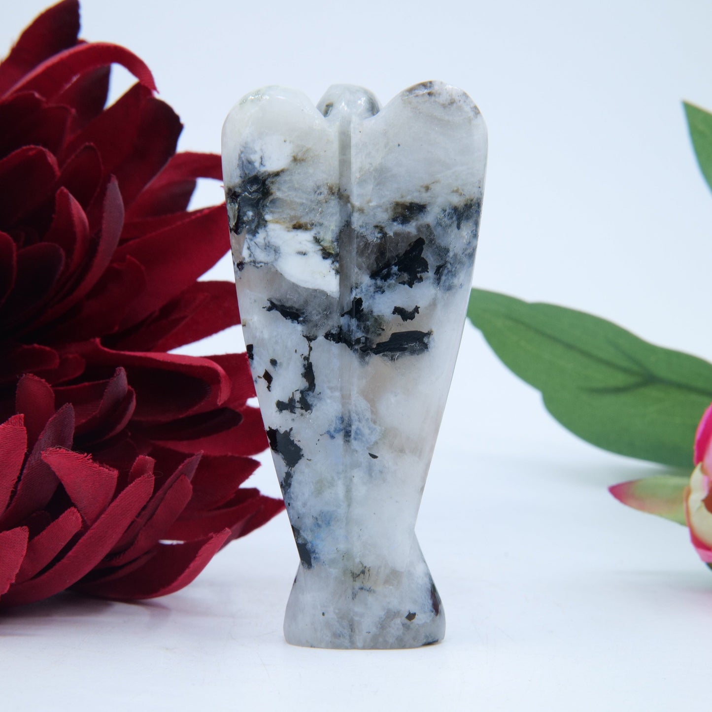 Polished Rainbow Moonstone Angel 80Mm featuring pearly adularescence and soft sheen - Positive Faith Hope Love