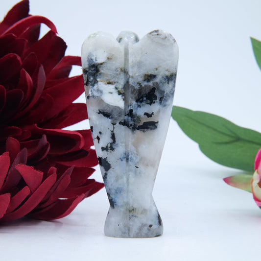 Polished Rainbow Moonstone Angel 80Mm featuring pearly adularescence and soft sheen - Positive Faith Hope Love