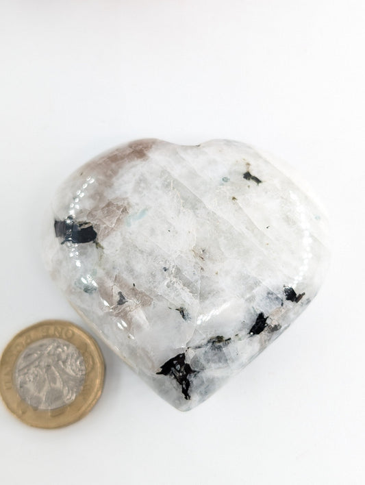 Polished Rainbow Moonstone Heart Palm Stone 60Mm featuring pearly adularescence and soft sheen - Positive Faith Hope Love