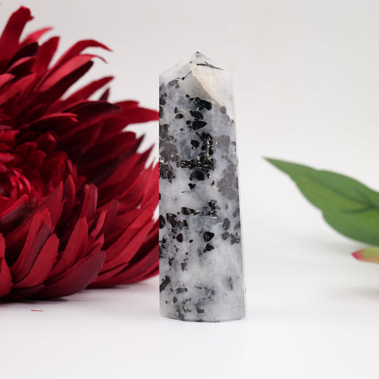 Polished Rainbow Moonstone Obelisk Tower 121g featuring pearly adularescence and soft sheen - Positive Faith Hope Love