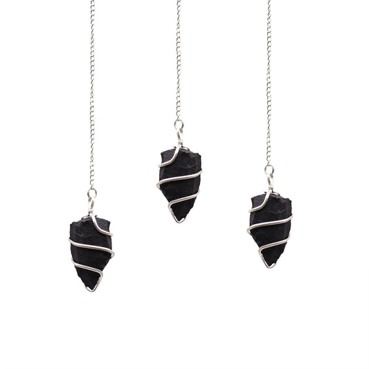 Natural Raw Gemstone Pendulum - Black Agate featuring banded patterns and glossy finish - Positive Faith Hope Love
