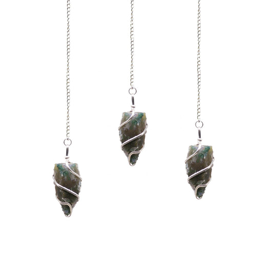 Natural Raw Gemstone Pendulum - Moss Agate featuring green mossy inclusions in translucent base - Positive Faith Hope Love