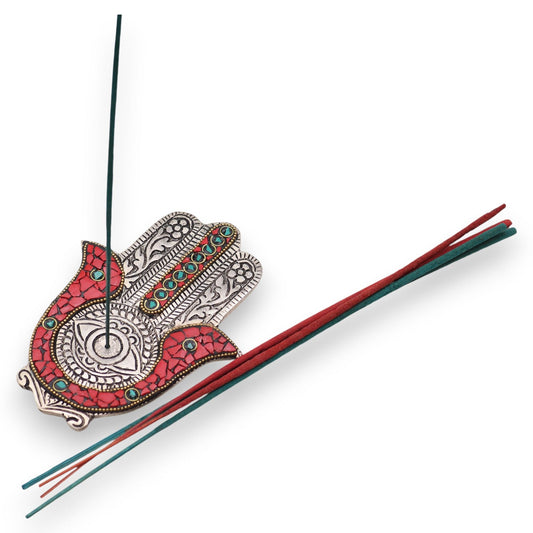 Polished Red Green Small Hamsa Incense Holder featuring natural patterning and unique variations - Positive Faith Hope Love