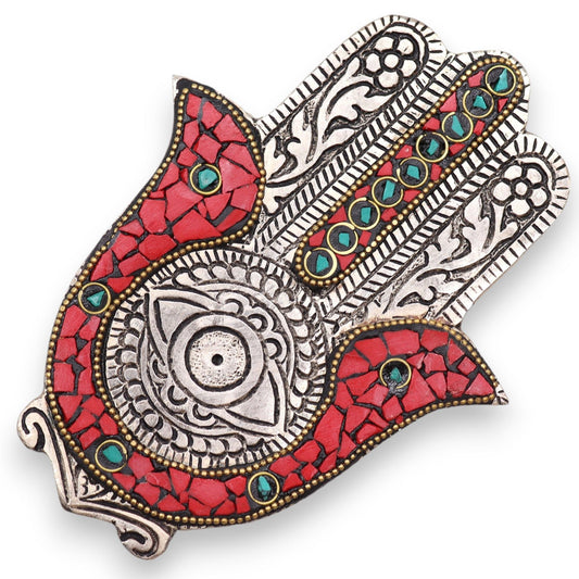 Polished Red & Green Small Hamsa Incense Holder featuring natural patterning and unique variations - Positive Faith Hope Love