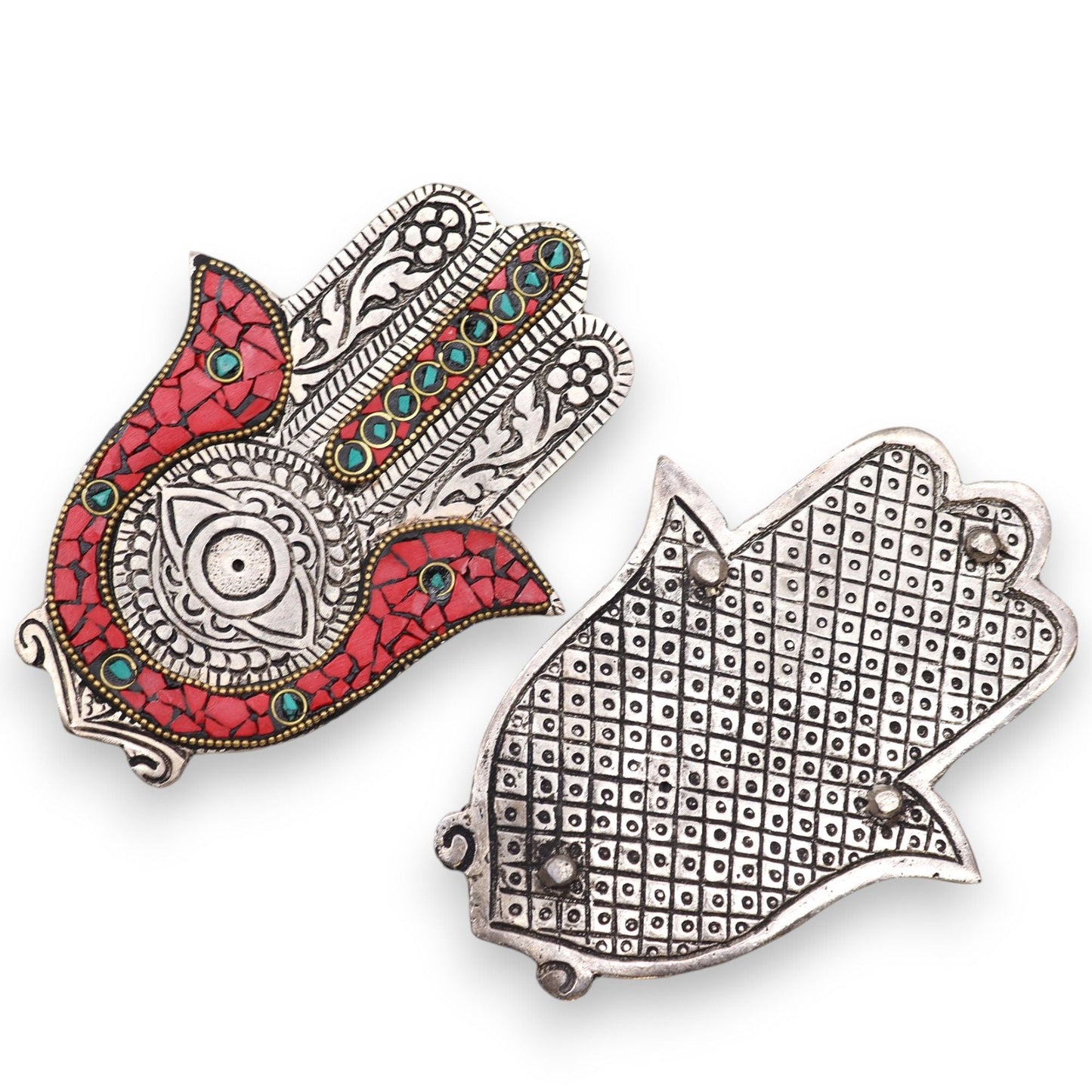 Polished Red Green Small Hamsa Incense Holder featuring natural patterning and unique variations - Positive Faith Hope Love