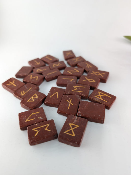 Polished Red Jasper Rune Set And Bag Polished Elder Futhark Runes featuring earthy patterns and matte-gloss finish - Positive Faith Hope Love