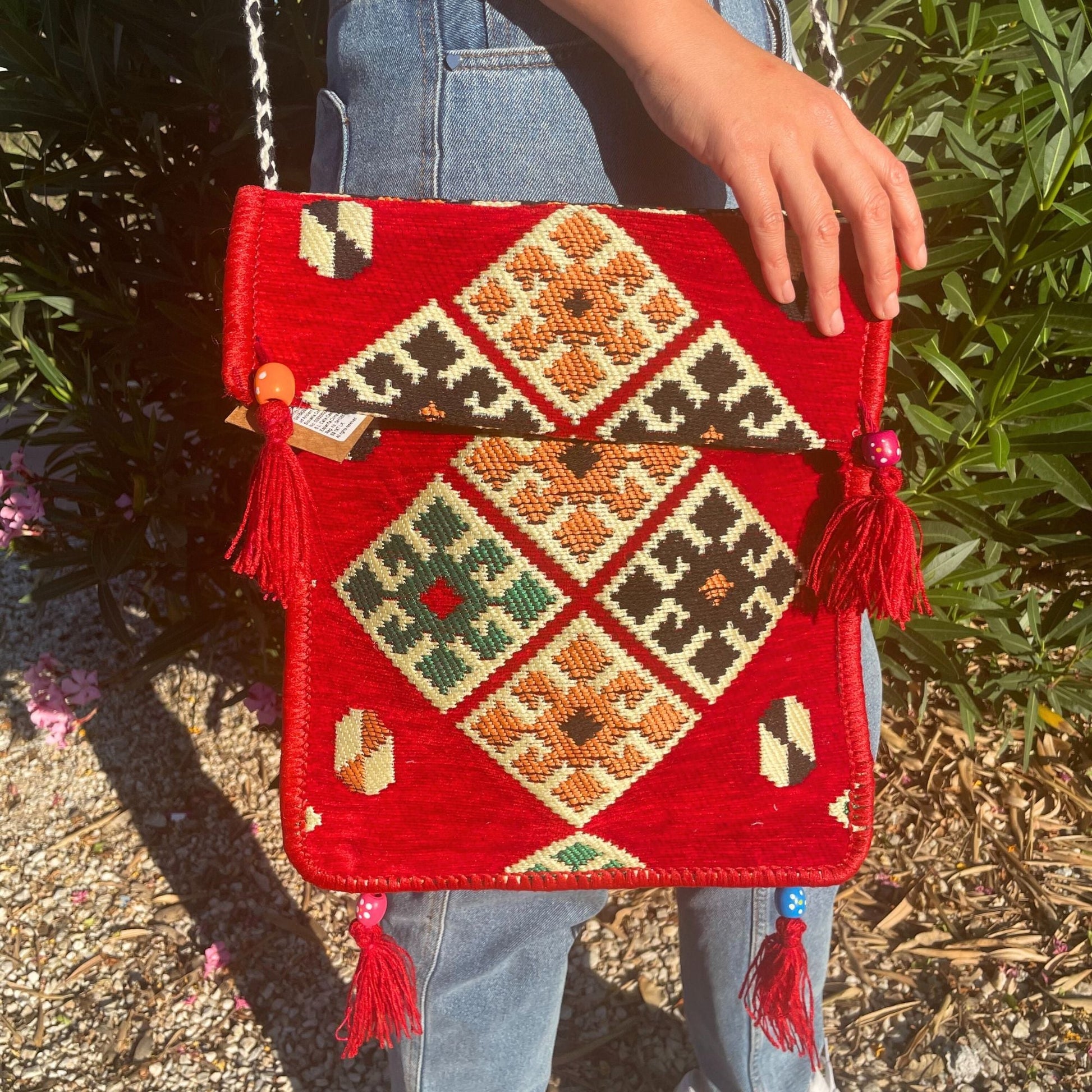Polished Red Kilim Messenger Festival Bag featuring natural patterning and unique variations - Positive Faith Hope Love