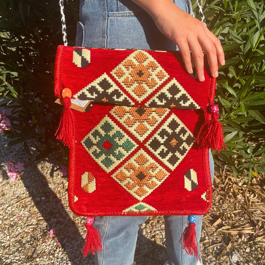 Polished Red Kilim Messenger Festival Bag featuring natural patterning and unique variations - Positive Faith Hope Love