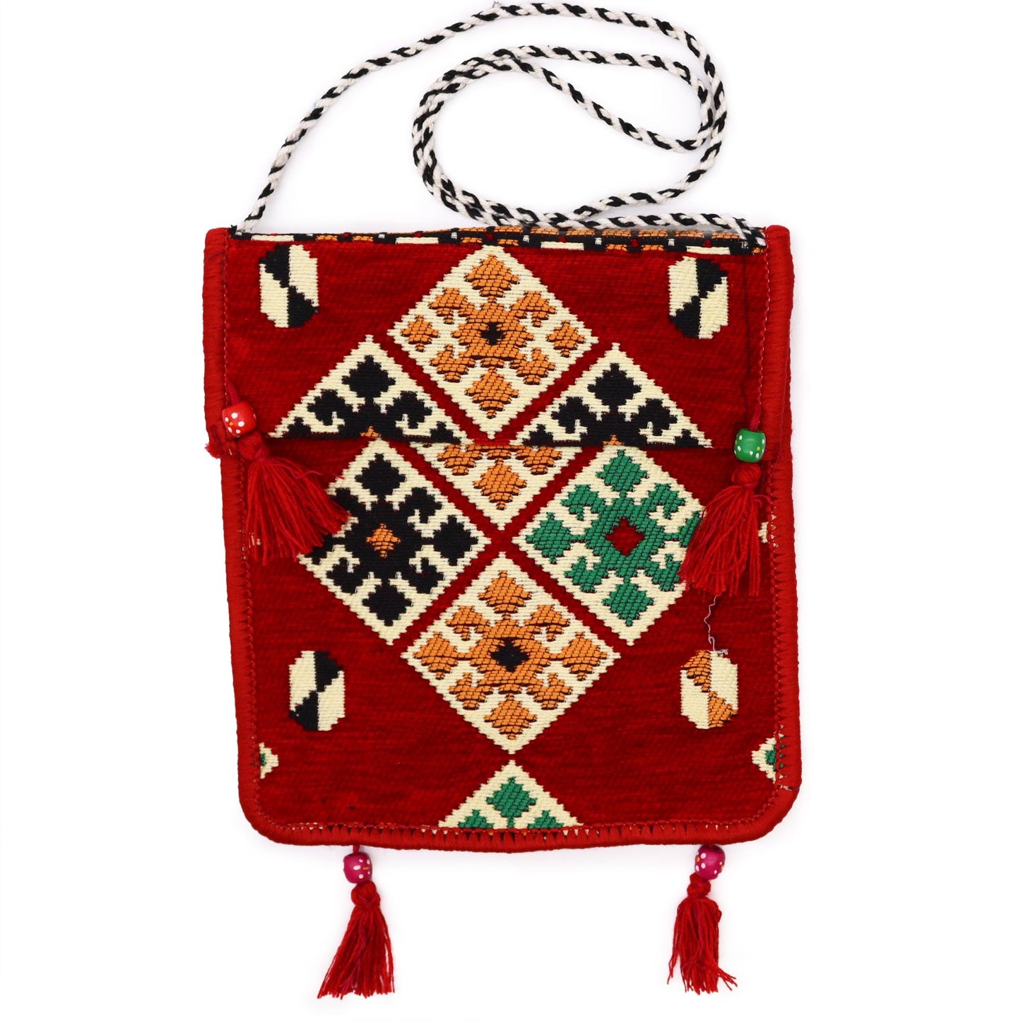 Polished Red Kilim Messenger Festival Bag featuring natural patterning and unique variations - Positive Faith Hope Love