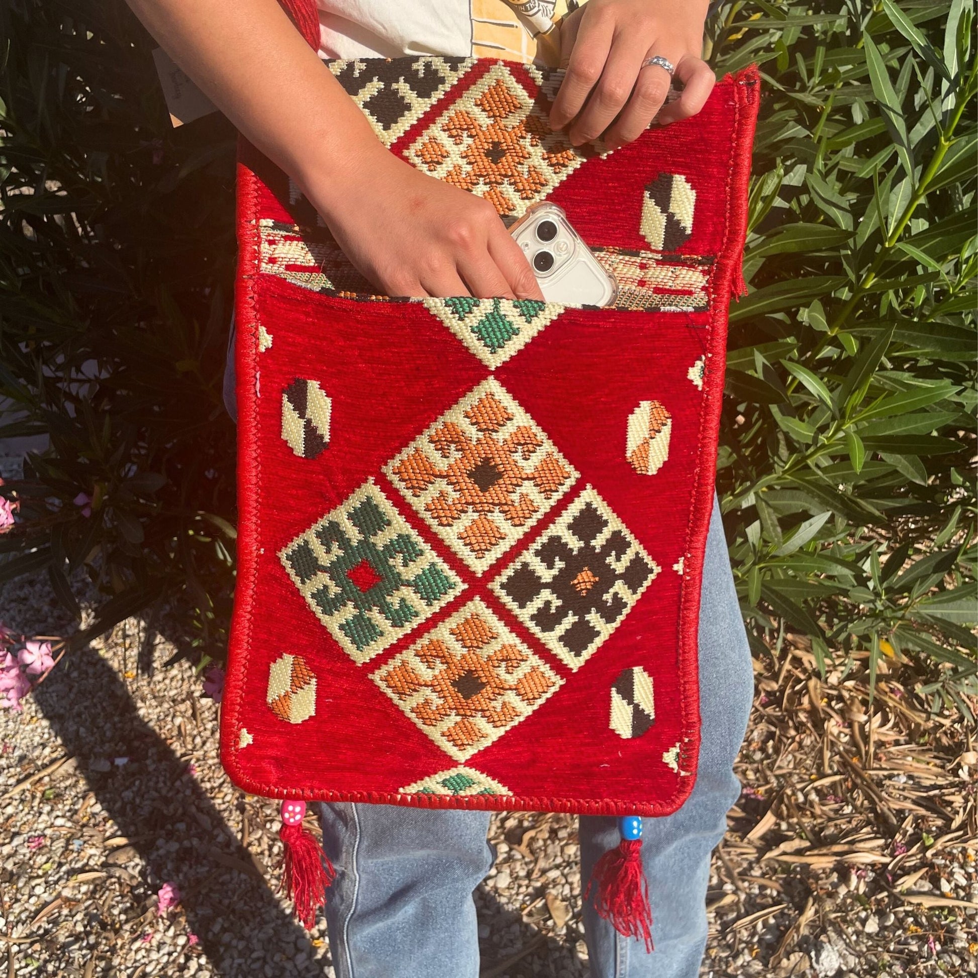 Polished Red Kilim Messenger Festival Bag featuring natural patterning and unique variations - Positive Faith Hope Love