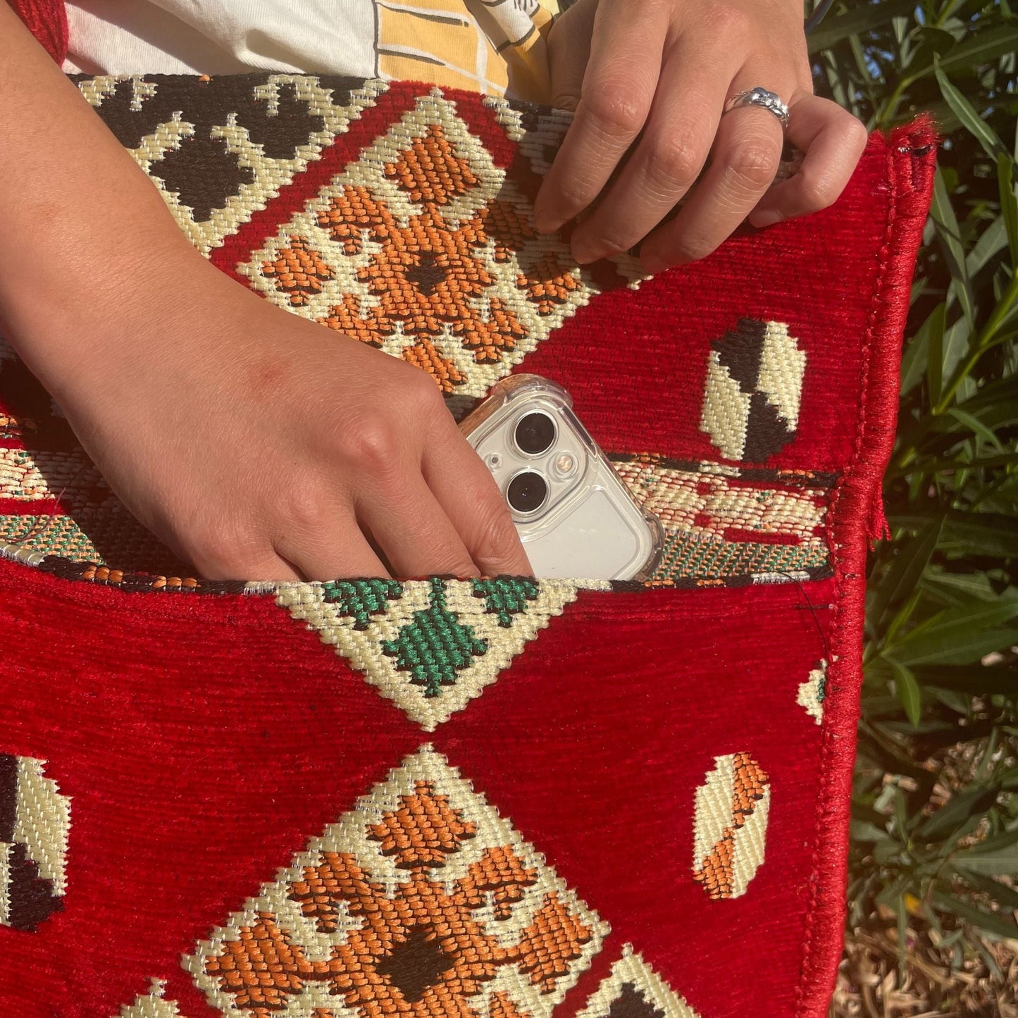 Polished Red Kilim Messenger Festival Bag featuring natural patterning and unique variations - Positive Faith Hope Love