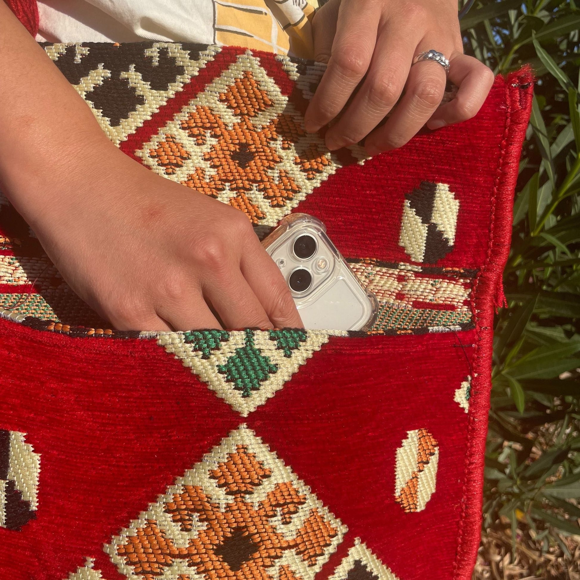 Polished Red Kilim Messenger Festival Bag featuring natural patterning and unique variations - Positive Faith Hope Love
