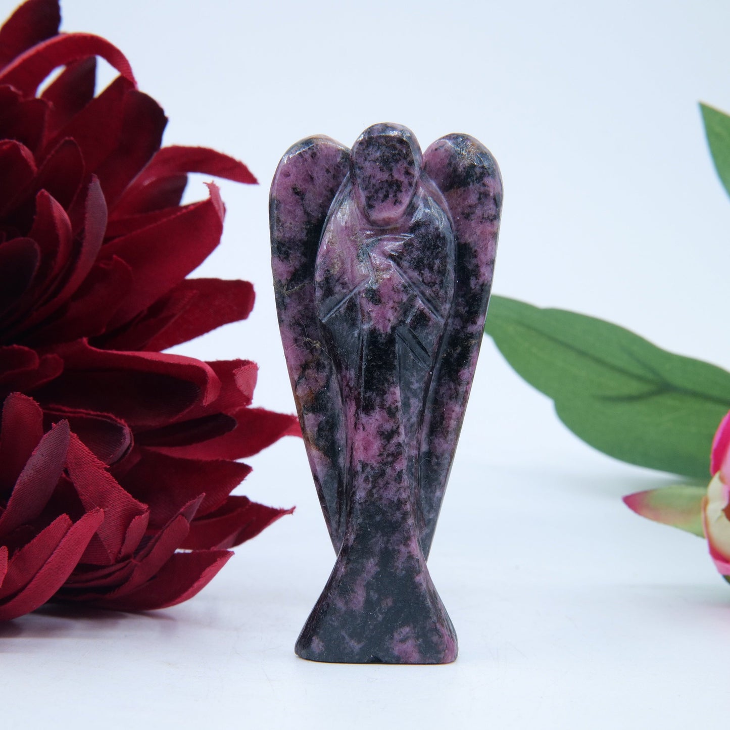 Polished Rhodonite Angel 80mm featuring pink tone with black veining - Positive Faith Hope Love