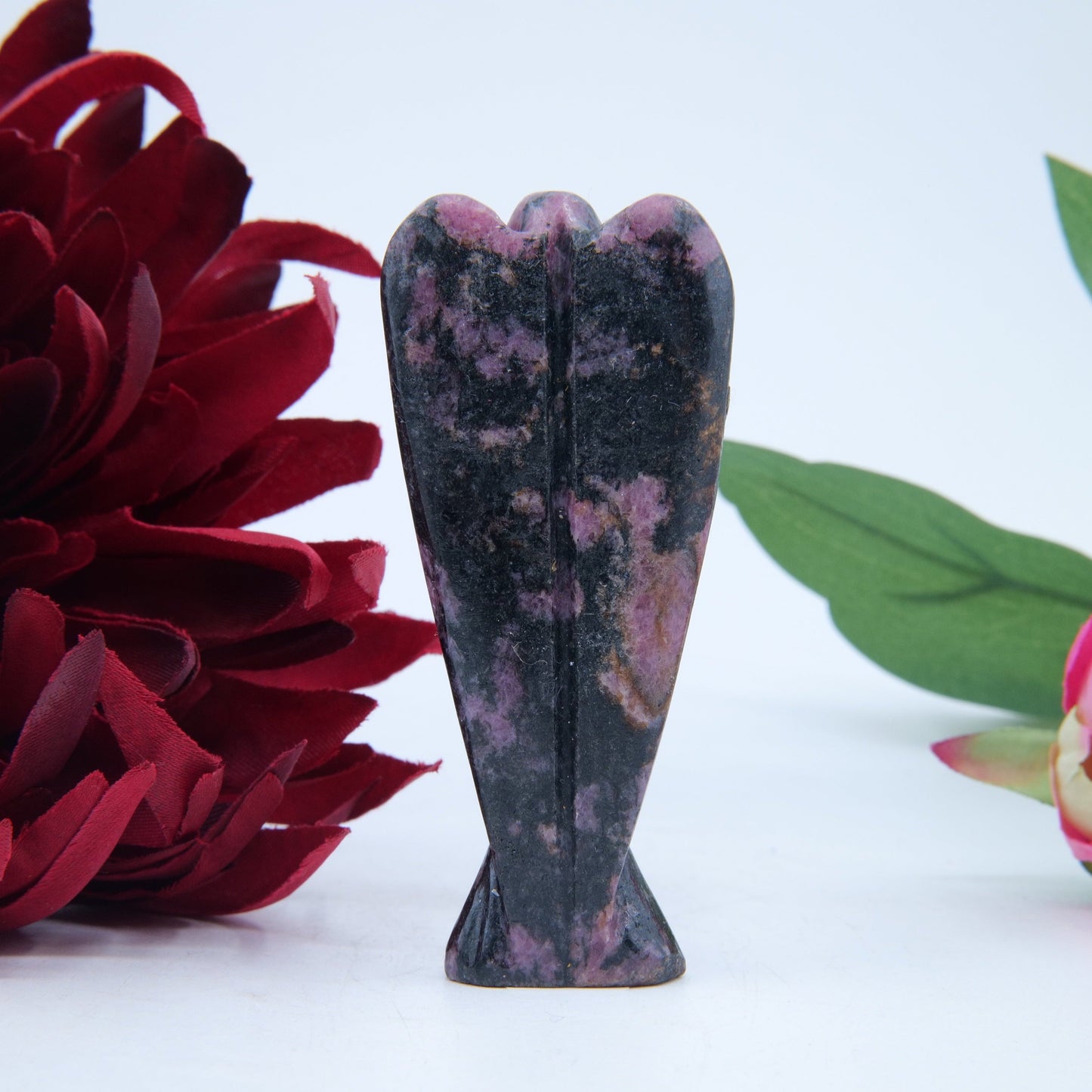 Polished Rhodonite Angel 80Mm featuring pink tone with black veining - Positive Faith Hope Love