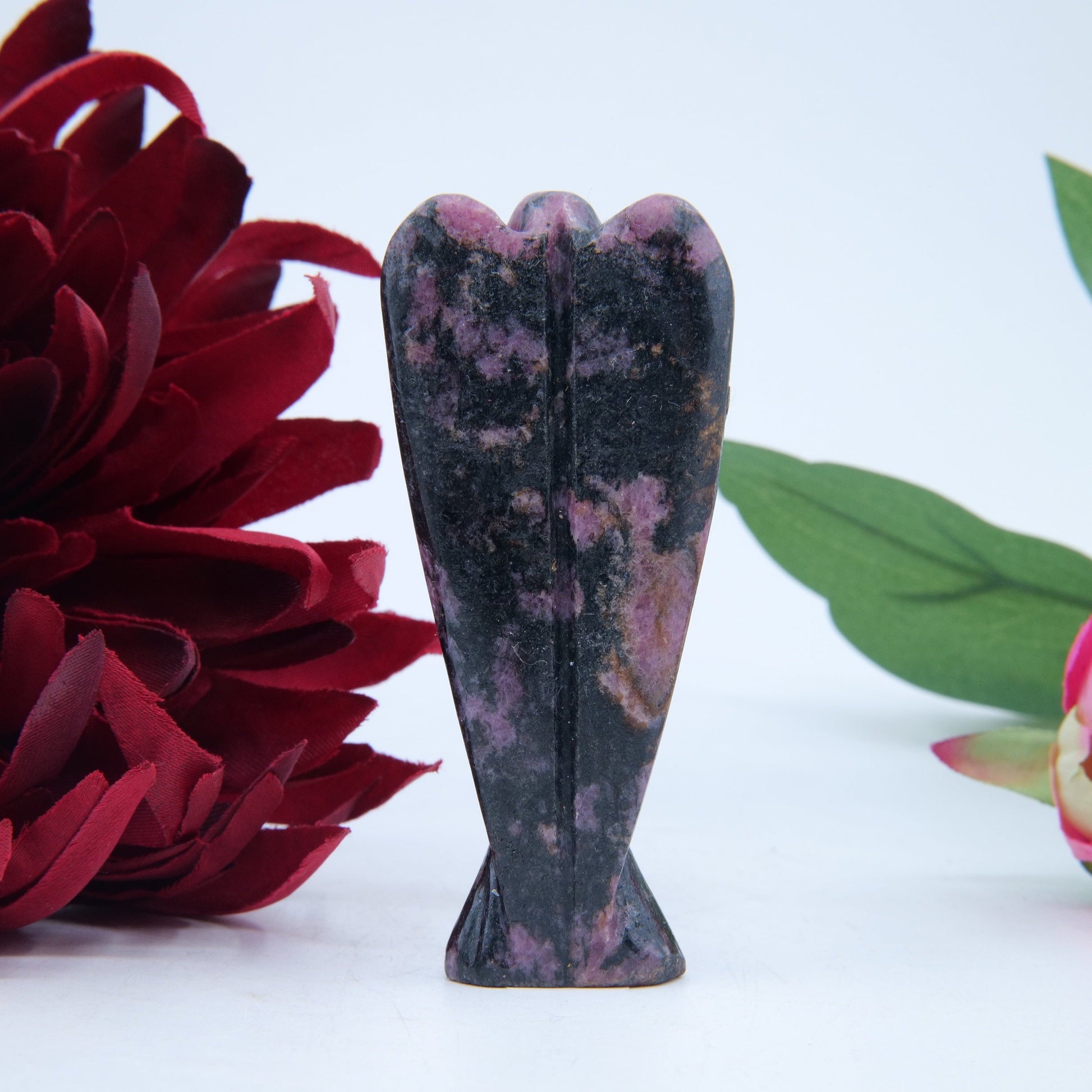 Polished Rhodonite Angel 80Mm featuring pink tone with black veining - Positive Faith Hope Love