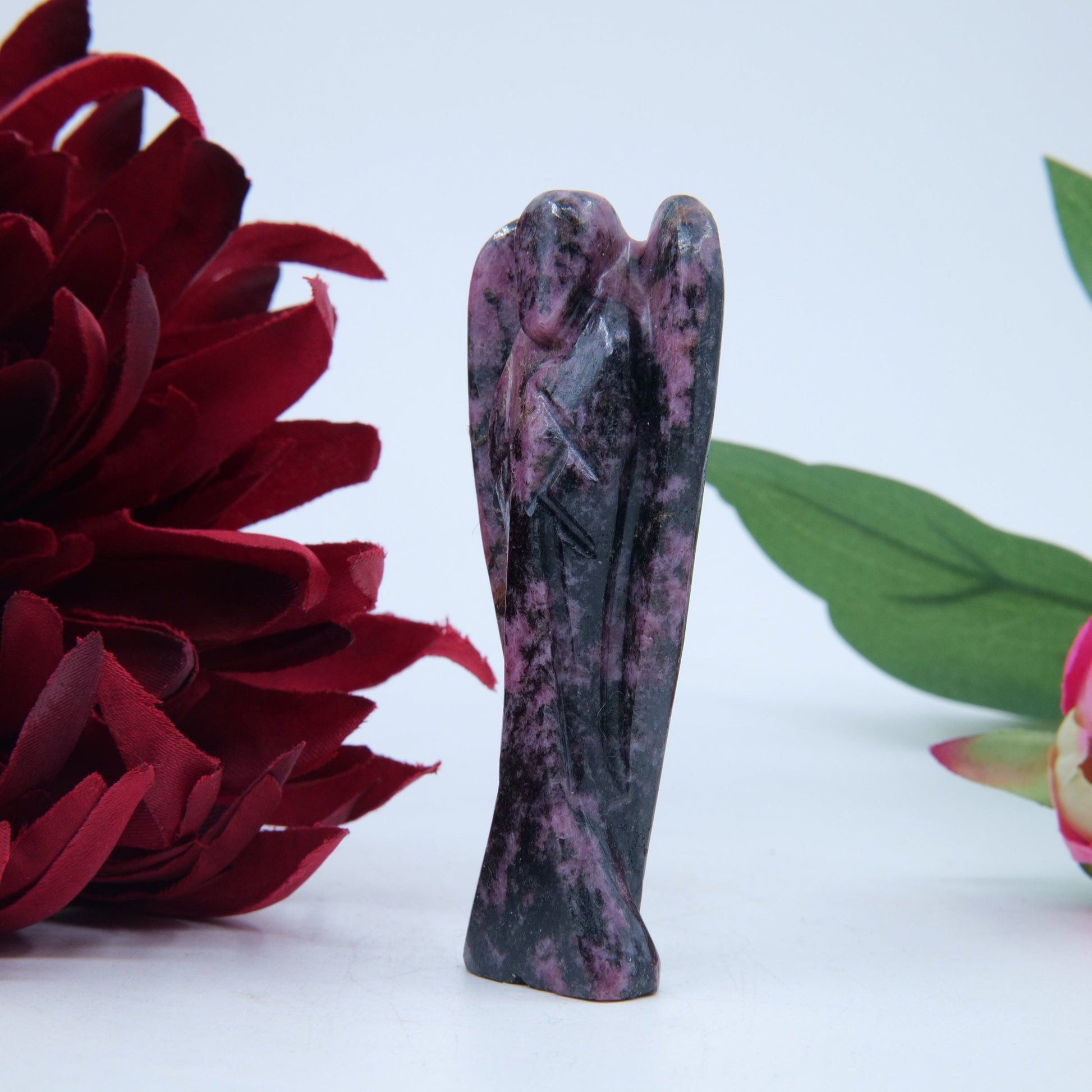 Polished Rhodonite Angel 80Mm featuring pink tone with black veining - Positive Faith Hope Love