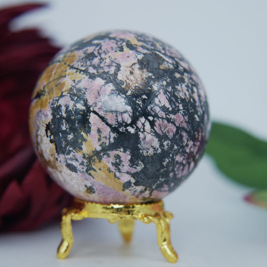 Polished Rhodonite Sphere Pakistan 440G 62Mm featuring pink tone with black veining - Positive Faith Hope Love