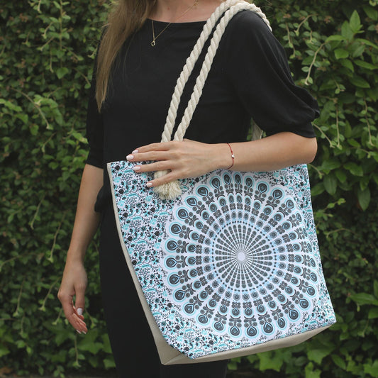Polished Rope Handle Mandela Bag Deep Blue featuring natural patterning and unique variations - Positive Faith Hope Love
