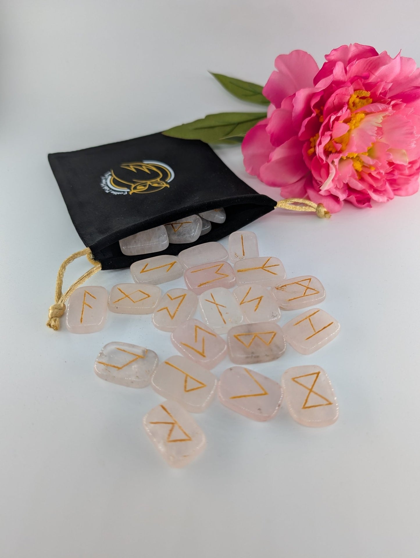 Rose Quartz Rune Set and Bag - Polished Elder Futhark Runes - Positive Faith Hope Love