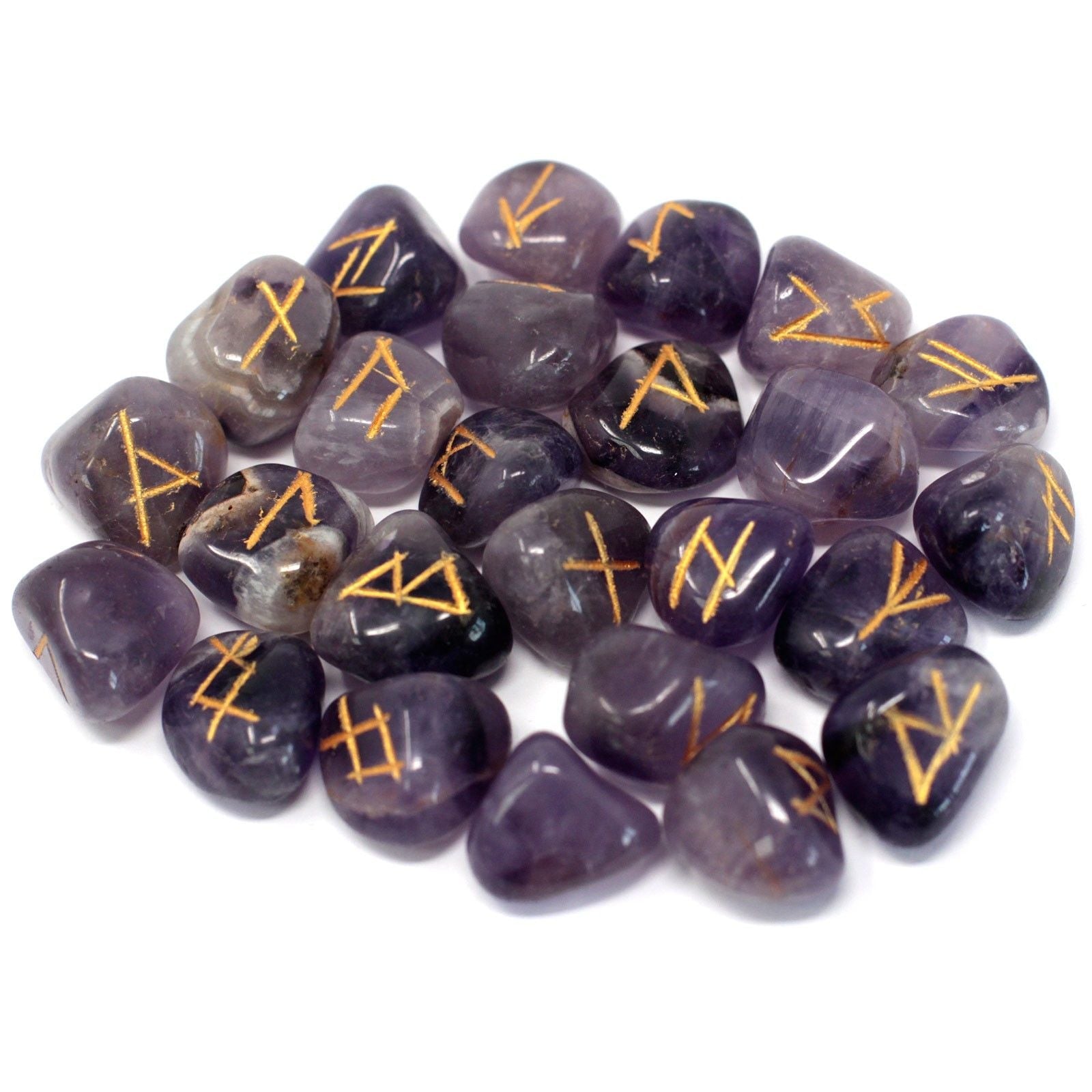 Polished Runes Stone Set in Pouch - Amethyst featuring rich purple colour and natural clarity - Positive Faith Hope Love