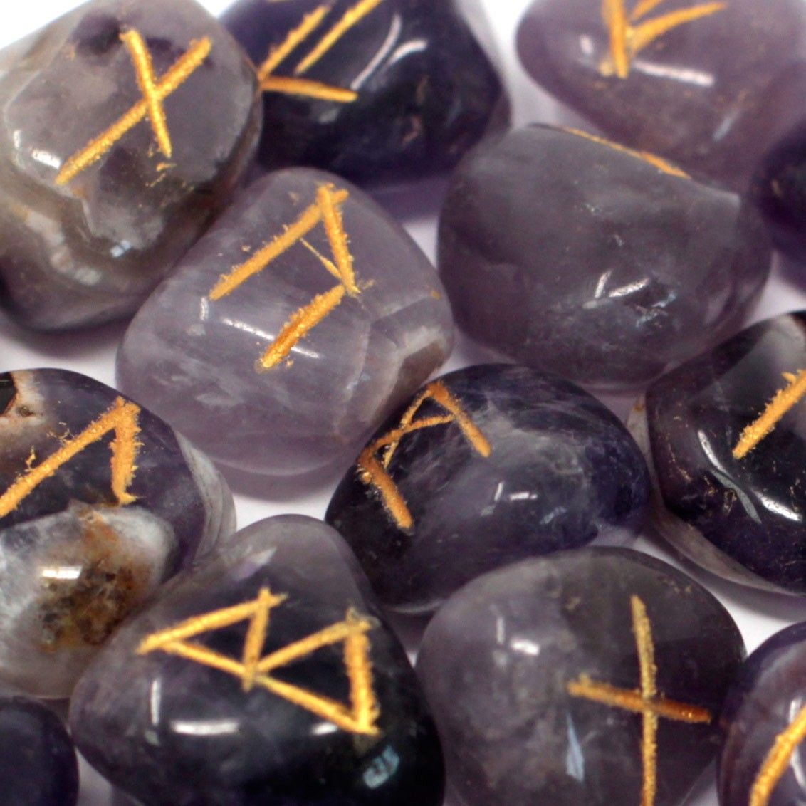 Polished Runes Stone Set In Pouch Amethyst 1 featuring rich purple colour and natural clarity - Positive Faith Hope Love