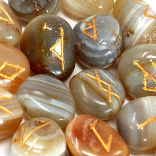Polished Runes Stone Set In Pouch Banded Agate 1 featuring banded patterns and glossy finish - Positive Faith Hope Love